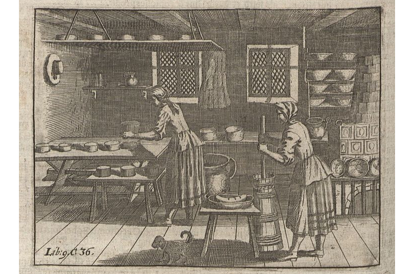 チーズを作る17世紀ヨーロッパの農婦たち